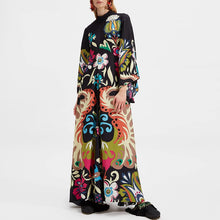 Load image into Gallery viewer, Ethnic Retro Spring Print Boho Long Dress Women Sexy Stand Collar Lace-up Party Dress Fall Long Sleeve Loose Ladies Maxi Dresses
