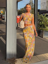 Load image into Gallery viewer, Elegant Flower Print Short Sleeve Shirt Long Skirt Set Women Bodycon O-neck Tops Skirt 2025 New Vocation Beach Street Outfit
