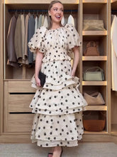 Load image into Gallery viewer, Chic Puffy Layered Ruffles Polka Dot Print Skirt Sets Women Elegant O-neck Bubble Short Sleeve Tops Suit lady Evening Partywear
