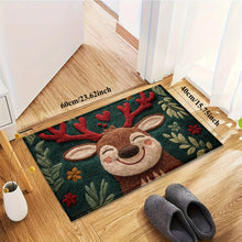 Load image into Gallery viewer, 1pc Fluffy Christmas Deer Microfiber Bath Mat - Quick-Dry &amp; Absorbent, Festive Holiday Design with Red Berries &amp; Green Leaves
