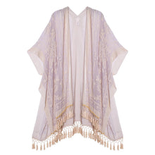 Load image into Gallery viewer, WeHello Bohemian burnt plush kimono Women&#39;s long Purple Tassel Beach Cover-up  Holiday Casual Cardigan Shawl JYPF-20
