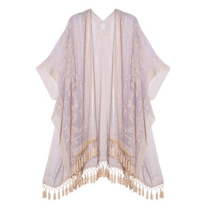 WeHello Bohemian burnt plush kimono Women's long Purple Tassel Beach Cover-up  Holiday Casual Cardigan Shawl JYPF-20