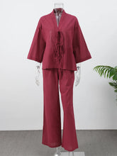 Load image into Gallery viewer, Summer Brown Cotton Linen Loose Pants Sets Fashion V-neck Lace Up Long Sleeve Shirt Suit 2025 New Women&#39;s Casual 2 Piece Outfits
