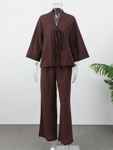 Load image into Gallery viewer, Summer Brown Cotton Linen Loose Pants Sets Fashion V-neck Lace Up Long Sleeve Shirt Suit 2025 New Women&#39;s Casual 2 Piece Outfits
