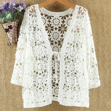 Load image into Gallery viewer, Sexy Hollow Lace Sunscreen Cardigan Sweater Women Wide Loose Air Conditioning Knitted Sweater Thin Section Female Spring Autumn
