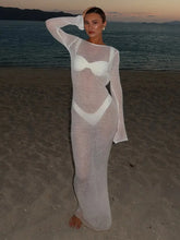Load image into Gallery viewer, New Summer Solid Maxi Dresses Fashion Long Sleeves Deep Low Neck Back Hollow Out See Through Women Robes 2025 Chic Holiday Wear
