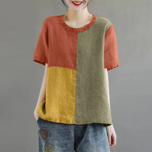 Load image into Gallery viewer, Women Patchwork Blouse 2024 Summer Short Sleeve Tunics Fashion Round Neck Shirts Casual Loose Holiday Cotton Linen Tops
