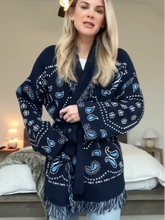 Load image into Gallery viewer, Tassel Patchwork Printed Cardigan Women Geometric Patterns Belts V-neck Long Sleeve Knitted Street Lady Sweater 2025 Autumn Coat
