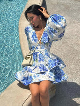 Load image into Gallery viewer, Elegant Print Ruffles Mini Dress Women Deep V Neck Long Sleeves A Line Dresses Female 2025 Spring New Fashion Fluffy Robe Lady

