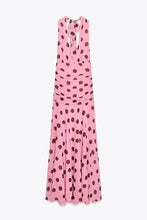 Load image into Gallery viewer, Pink Chiffon Polka Dot Printing Halter Maxi Dress Women Elegant Sleeveless Backless Skinny Pleated Robe Beach Evening Party Gown
