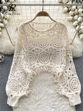 Load image into Gallery viewer, Autumn Casual Loose Knitting Top O Neck Hook Flower Hollow Long Sleeved Tassel Design Fashion French Vintage Blouse
