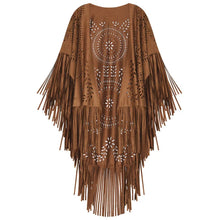 Load image into Gallery viewer, Camel Suede Floral Hollow Out Fringe Tassel Shawl Women Vintage Capes Ponchos Autumn Bohemian cardigan Cloak Boho Capes
