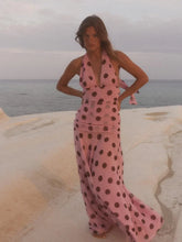 Load image into Gallery viewer, Pink Chiffon Polka Dot Printing Halter Maxi Dress Women Elegant Sleeveless Backless Skinny Pleated Robe Beach Evening Party Gown
