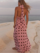 Load image into Gallery viewer, Pink Chiffon Polka Dot Printing Halter Maxi Dress Women Elegant Sleeveless Backless Skinny Pleated Robe Beach Evening Party Gown
