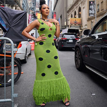 Load image into Gallery viewer, Women Sexy See Through Knitted Maxi Dress Hollow Out Deep Neck Pot Robes Tassel Hem Fork Party Vestidos 2025 New Lady Club Dress
