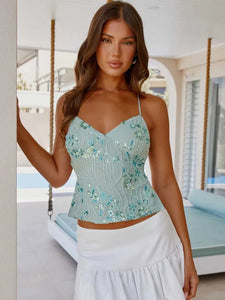 Fashion Solid Sequins Halter Crop Tops For Women Glitter Y2k Backless Lace-up Slim V Neck Top Summer Party Camisole Tank Shirts