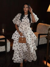 Load image into Gallery viewer, Chic Puffy Layered Ruffles Polka Dot Print Skirt Sets Women Elegant O-neck Bubble Short Sleeve Tops Suit lady Evening Partywear
