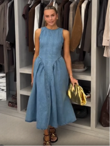 Sexy Women Backless Lace Up High Waisted Denim Dress Fashion O Neck Sleeveless A Line Dresses Spring Chic Lady Street Robes