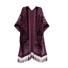 Load image into Gallery viewer, WeHello Bohemian burnt plush kimono Women&#39;s long Purple Tassel Beach Cover-up  Holiday Casual Cardigan Shawl JYPF-20
