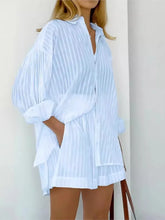 Load image into Gallery viewer, 2024 Spring Summer Solid Cotton Short Two Piece Set Women Stripe Long Sleeve Shirts Shorts 2 Piece Sets Simple Style Lady Suit
