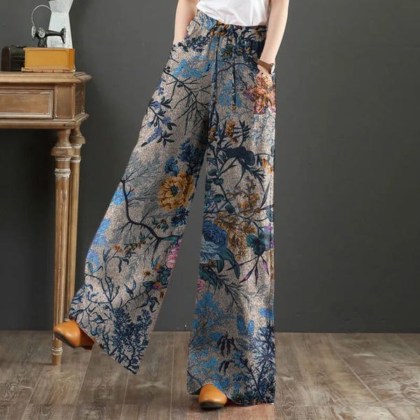 Women Vintage Floral Printed Wide Leg Pants Autumn Trousers Casual Elastic Waist Loose Palazzo Bohemian Holiday Pantalon