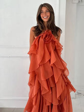 Load image into Gallery viewer, Beach Layer Ruffles Long Dress Women 3d Flower Backless Sleeveless Slim Fit Maxi Dresses Female 2025 Summer Lady Party Robes
