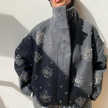 Load image into Gallery viewer, Casual Embroidery Beading Loose Women Coat Lapel Collar Bat Sleeve Solid Wool Blend Jacket 2025 New Lady Luxury Spring Outerwear
