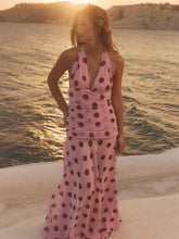 Load image into Gallery viewer, Pink Chiffon Polka Dot Printing Halter Maxi Dress Women Elegant Sleeveless Backless Skinny Pleated Robe Beach Evening Party Gown
