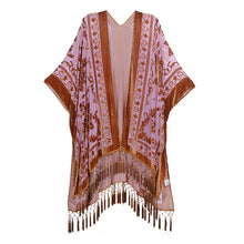 Load image into Gallery viewer, WeHello Bohemian burnt plush kimono Women&#39;s long Purple Tassel Beach Cover-up  Holiday Casual Cardigan Shawl JYPF-20
