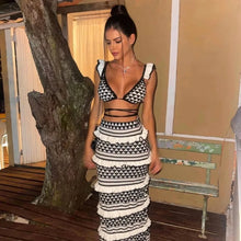 Load image into Gallery viewer, Ladies Striped Knitted Beach Skirt Sets Women Sexy Backless Slim Bohemian Outfits Ruffle Holiday Vacation 2 Piece Set Female
