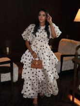 Load image into Gallery viewer, Chic Puffy Layered Ruffles Polka Dot Print Skirt Sets Women Elegant O-neck Bubble Short Sleeve Tops Suit lady Evening Partywear
