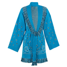 Load image into Gallery viewer, Tassel Patchwork Printed Cardigan Women Geometric Patterns Belts V-neck Long Sleeve Knitted Street Lady Sweater 2025 Autumn Coat
