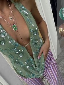 Green Shinny Sequins  Deep V Halter Vest Women Sexy Off Shoulder  Sleeveless Tops Chic Lady Sparkle Tank Tops