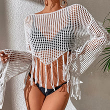 Load image into Gallery viewer, See Through Hollow Out Bikini Cover Ups Tops Women Beachwear Flared Long Sleeve Tassel Smock Crop Tops Swimsuit Cover-Up
