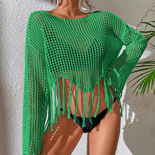 Load image into Gallery viewer, See Through Hollow Out Bikini Cover Ups Tops Women Beachwear Flared Long Sleeve Tassel Smock Crop Tops Swimsuit Cover-Up
