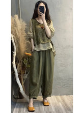 Load image into Gallery viewer, Faionable Cotton Linen Set Women&#39;s Summer New Print Patchwork Slimming Two-Piece Top Harlan Pants Fake Two-Piece Suit

