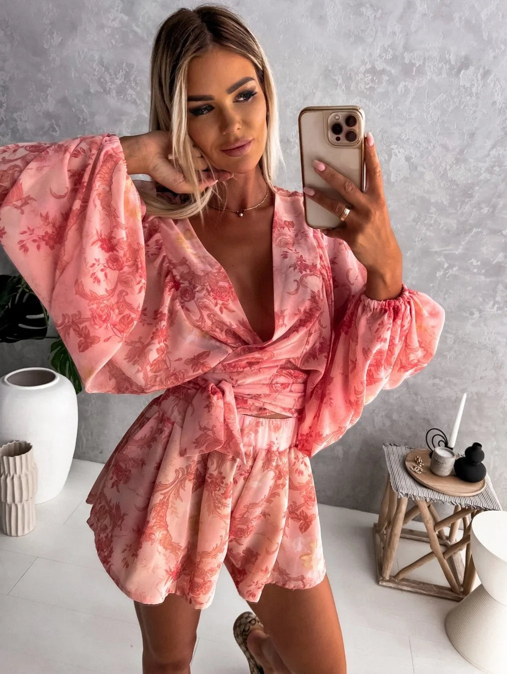 Sexy Deep V Neck Jumpsuit For Women Summer Casual Boho Beach Vacation Outfit Fashion Print Lantern Sleeve Rompers Shorts Women's