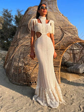 Load image into Gallery viewer, Sexy White Lace Women Dress Turtleneck Tassel Sleeve Slim Naked Waist Hollow Out Long Dress Summer Beach Female Knit Robe
