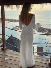 Load image into Gallery viewer, Sexy Women White Long Knit Sleeve Bikin Fashion Cover up Female See-Through Deep V-Neck Hollow-Out Beach Knitwear Backless Dress
