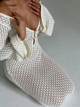 Load image into Gallery viewer, Sexy Women White Long Knit Sleeve Bikin Fashion Cover up Female See-Through Deep V-Neck Hollow-Out Beach Knitwear Backless Dress
