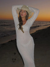 Load image into Gallery viewer, Sexy Women White Long Knit Sleeve Bikin Fashion Cover up Female See-Through Deep V-Neck Hollow-Out Beach Knitwear Backless Dress
