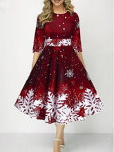 Load image into Gallery viewer, Autumn Winter New Snowflake Digital Print Women&#39;s 3/4sleeves Christmas Dress Fashion Waist Elegant Female A Line Christmas Dress
