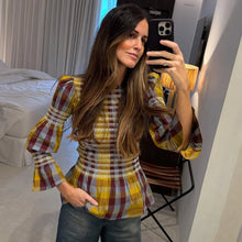 Load image into Gallery viewer, Elegant Plaid Printed Puff Sleeves Shirts Women Leisure Ruffle Hem O Neck Short Top 2025 Spring Female Loose High Street Tops
