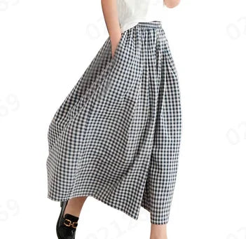 Summer New Culotte Pants High Waist Pleated Slanted Pocket A-Shaped Wide Leg Covering Span Checkered Printing Trousers