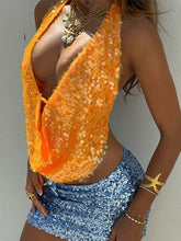 Load image into Gallery viewer, Fashion Solid Sequins Halter Crop Tops For Women Glitter Y2k Backless Lace-up Slim V Neck Top Summer Party Camisole Tank Shirts
