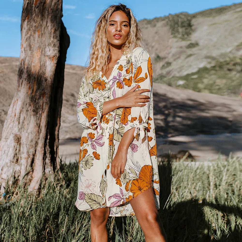 Floral Buttoned Bikini Shirt Cover Up For Woman Loose Holiday Chiffon Beach Tunic Dress 2023 Summer Midi Dress Beachwear