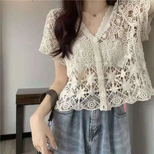 Load image into Gallery viewer, Sheer Crochet Top Button Front V-Neck Short Sleeve Open-knit Embroidery Blouse Women Summer Boho Vacation Outfit
