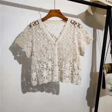 Load image into Gallery viewer, Sheer Crochet Top Button Front V-Neck Short Sleeve Open-knit Embroidery Blouse Women Summer Boho Vacation Outfit
