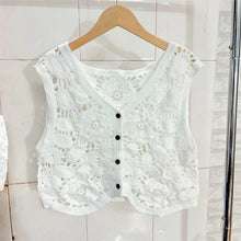 Load image into Gallery viewer, Sheer Crochet Top Embroidery Lace Blouse Cardigan Sleeveless Open-knit Crop Tops for Women Spring Summer Boho Vacation Outfit
