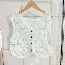 Load image into Gallery viewer, Sheer Crochet Top Embroidery Lace Blouse Cardigan Sleeveless Open-knit Crop Tops for Women Spring Summer Boho Vacation Outfit
